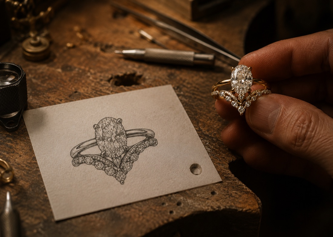 Custom-designed ring beside its hand-drawn sketch